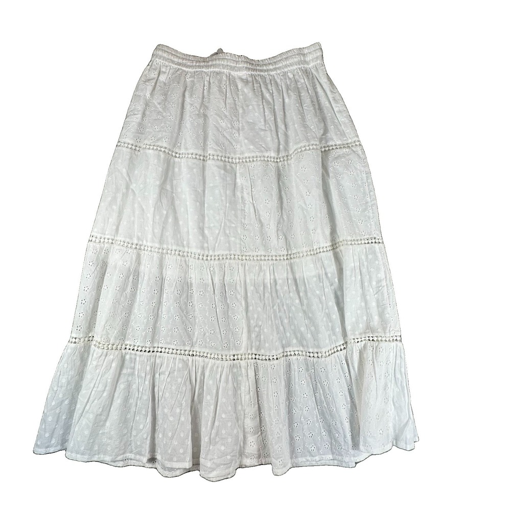 White Eyelet Cotton Maxi Skirt Large Tiered Layered Elastic Pull-On Cottagecore - Picture 8 of 9